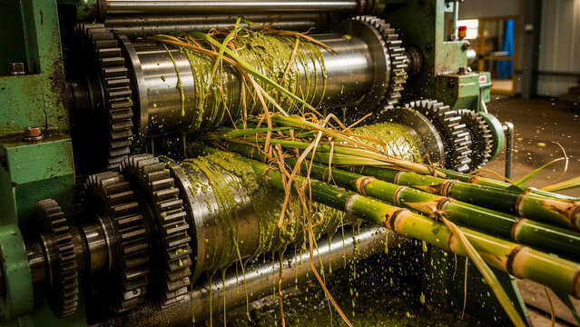 Sugarcane stalks crushed by industrial rollers to extract juice. Close-up of gears in a mill processing raw cane. Industrial food production and renewable biofuel concept for energy markets.