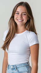 Fototapeta premium young american golfer woman smiling in casual outfit, athletic brunette woman with blue eyes smiling naturally, confident young female golfer portrait in casual style
