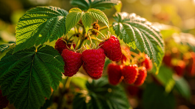 Fresh ripe raspberries growing on a branch. Red berries hang among green leaves in warm sunlight. Organic farming concept ideal for healthy food and agriculture marketing.