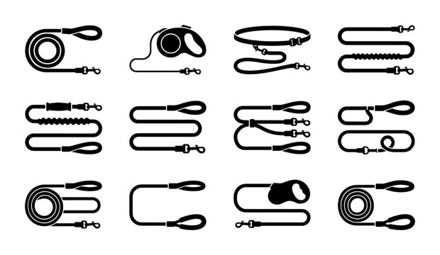 Dog Leash Collection Vector Icons, Pet Walking Accessories Set, Animal Control Gear, Canine Equipment Graphics