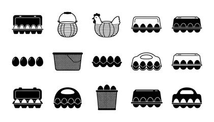 Farm Fresh Egg Packaging Vector Icons Set, Chicken Coop and Basket Illustrations, Organic Food Container Graphics, Rural Produce Carrier Collection © Rahim