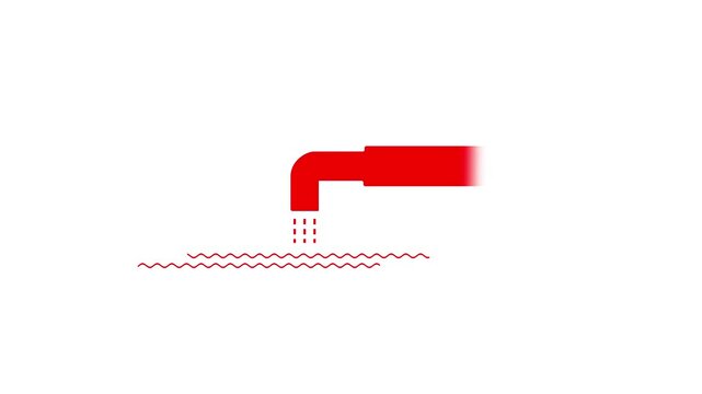 Minimalist water pipe silhouette discharging liquid into river, industrial waste drainage icon on white background, plumbing or irrigation vector symbol.