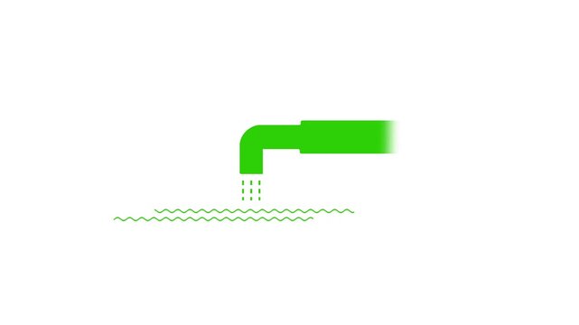 Minimalist water pipe silhouette discharging liquid into river, industrial waste drainage icon on white background, plumbing or irrigation vector symbol.