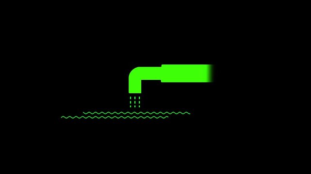 Minimalist water pipe silhouette discharging liquid into river, industrial waste drainage icon on black background, plumbing or irrigation vector symbol.