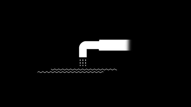 Minimalist water pipe silhouette discharging liquid into river, industrial waste drainage icon on black background, plumbing or irrigation vector symbol.