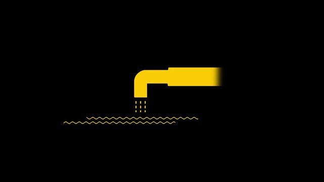 Minimalist water pipe silhouette discharging liquid into river, industrial waste drainage icon on black background, plumbing or irrigation vector symbol.