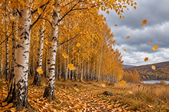 denudes. Grove of birch trees in autumn, silver bark and golden leaves falling in the wind. representing seasonal cycles and harvest abundance.
