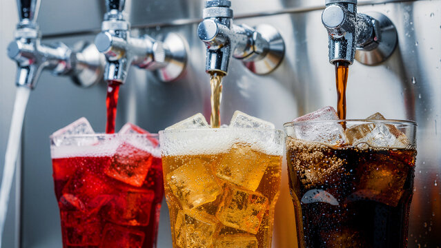 Variety of soda fountain drinks pouring into glasses with ice cubes. Close-up of stainless steel taps dispensing colorful carbonated beverages. Refreshment and fast food dining concept.