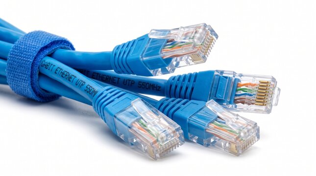 A close-up shot of several blue Ethernet cables with RJ45 connectors, neatly bundled together with a blue Velcro strap on a white background.