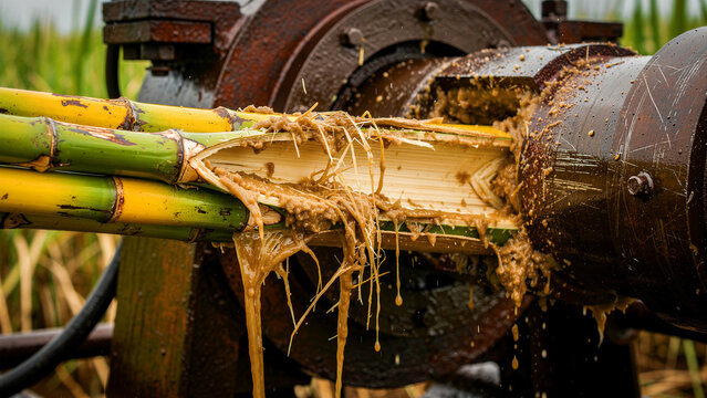 Sugarcane stalks being crushed in a mechanical press. Close-up of raw cane fibers and juice extraction. Traditional sugar production concept for agriculture and food industry marketing.