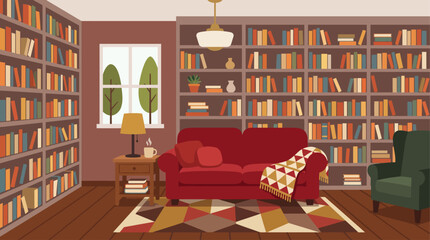 Cozy library room with bookshelves and sofa. © Abhinaya Project