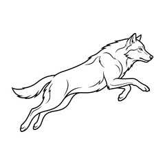 Fototapeta premium A black and white line art illustration of a wolf leaping through the air.