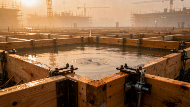Construction site foundation with wooden formwork at sunrise. Water settling in timber molds during building project. Infrastructure development concept for civil engineering marketing.