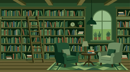 Cozy library room with bookshelves and armchairs. © Abhinaya Project