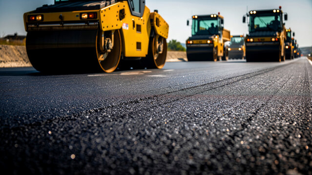 Yellow road rollers compacting fresh asphalt on a new highway. Heavy machinery fleet working on a road construction project. Infrastructure development concept for industrial marketing.