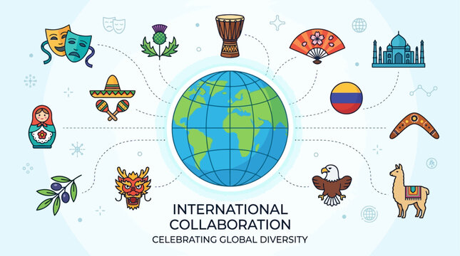 UntitledA vibrant flat design vector illustration symbolizing the Edinburgh International Festival's role as a hub for global cultural exchange and artistic collaboration. 