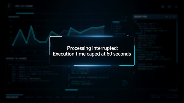 Digital dashboard interface displaying a processing interruption alert. Modern HUD with data visualizations and coding elements on a dark background. Technology failure concept for tech marketing.