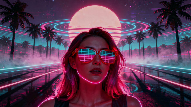 Woman with neon glowing hair wearing grid sunglasses in synthwave landscape. Retro future background featuring palm trees and a giant ringed sun. Vaporwave aesthetic design for 80s nostalgia.