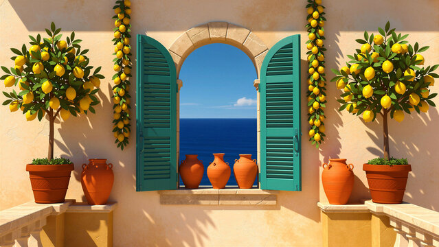 Open window with teal shutters overlooking the blue Mediterranean sea. Potted lemon trees and terracotta jars line a sunny villa balcony. Summer travel concept for coastal tourism marketing.