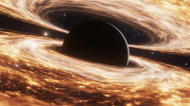 A massive black hole swirls with vibrant orange and yellow gas in space.