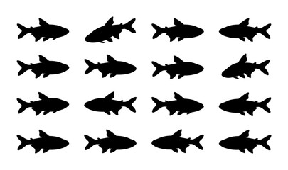 Fototapeta premium Set of 16 Black Shark Silhouettes, Marine Life Vector Icons, Ocean Predator Graphics, Aquatic Animal Illustrations for Design Projects