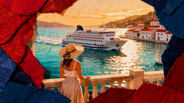 Woman in straw hat overlooks cruise ship arriving at Mediterranean harbor. Artistic paper-cut collage style featuring coastal village and sunset sea. Travel vacation concept for tourism marketing.
