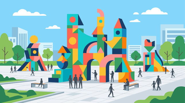 A vibrant flat design vector illustration showcasing an abstract art installation in a public space, representing the visual arts aspect of the Edinburgh International Festival. 