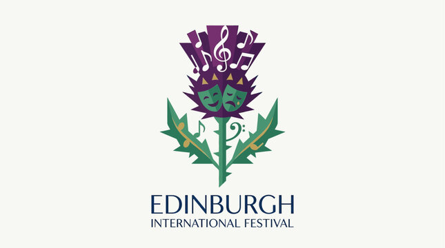 A unique flat design vector illustration featuring a stylized Scottish thistle integrated with artistic elements, representing the Edinburgh International Festival's cultural roots and artistic divers