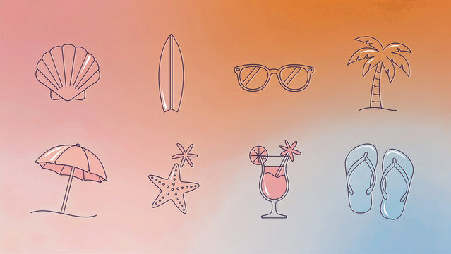 Set of summer beach icons featuring vacation elements like surfboard, palm tree, and cocktail. Minimalist line art illustrations on a vibrant gradient. Travel concept for seasonal marketing use.