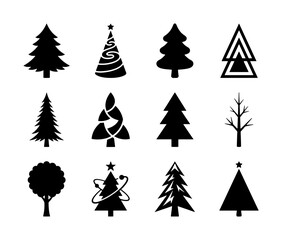 Fototapeta premium Set of 12 Diverse Christmas Tree Icons, Festive Winter Holiday Vector Graphics, Seasonal Celebration Symbols for Design