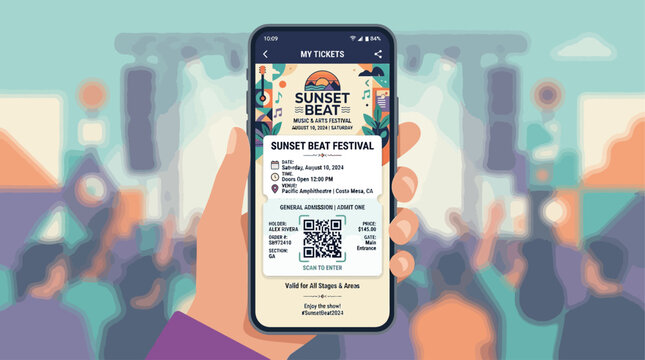 This flat design vector illustration showcases a modern digital ticket or festival app interface on a smartphone, representing the contemporary access and organization of the Edinburgh International F