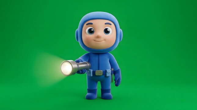 3d render of a cartoon astronaut boy with flashlight on green background