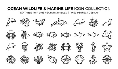 Ocean Wildlife Outline Icon Collection Featuring Marine Animals, Coral Reef and Thin Line Symbols © Rashel12