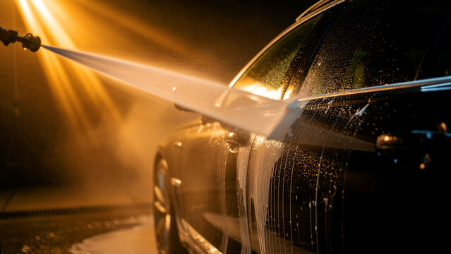 High pressure water jet cleaning a dark car at night. Water droplets and foam glisten under warm artificial lighting. Automotive detailing concept for professional car care services.