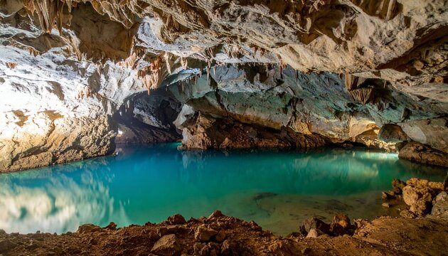 Turquoise water cascading over rugged limestone rocks in natural limestone cave.