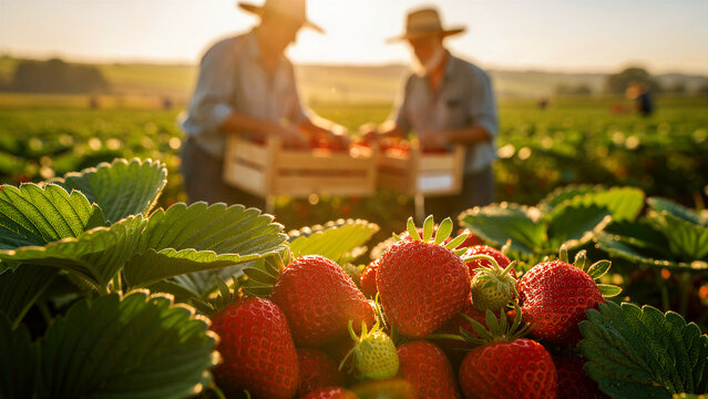 Fresh strawberries in foreground with farmers harvesting in background. Workers packing red berries into wooden crates at sunset. Organic farming concept for food and agricultural marketing.