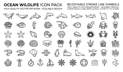 Ocean Wildlife Icon Pack with Editable Stroke Marine Animals, Coral Reef and Underwater Vector Symbols © Rashel12