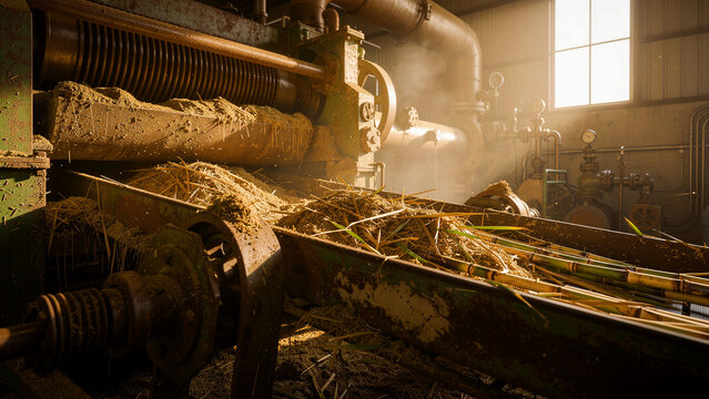Industrial machinery processing raw agricultural stalks on a conveyor belt. Heavy equipment in a factory setting with sunlight and steam. Sugarcane mill manufacturing concept for industry.