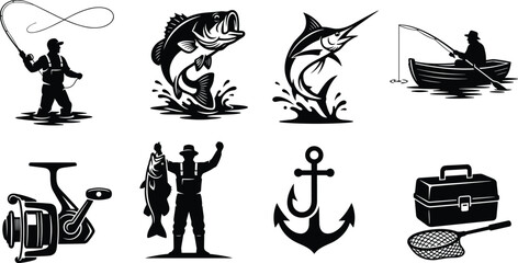 Obraz premium Set of black fishing icons showing anglers, fish, tackle, and nautical gear for outdoor designs
