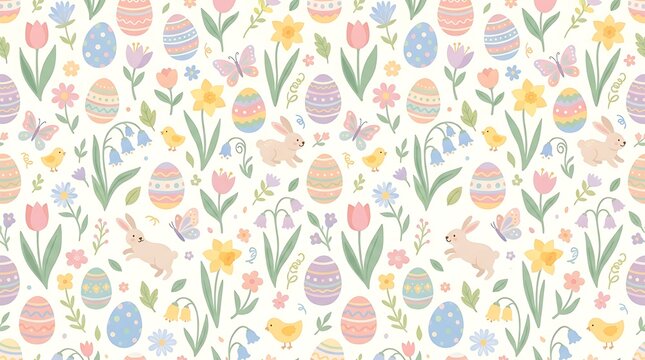 Seamless easter pattern with bunnies eggs and spring flowers