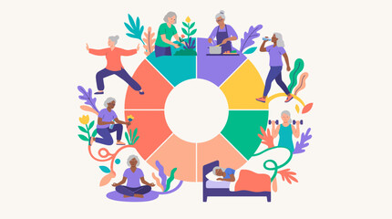 Fototapeta premium Modern Healthy Aging Wheel with Yoga Fitness and Nutrition