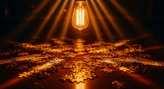 Glowing vintage light bulb hanging over scattered jigsaw puzzle pieces. Golden rays illuminate the complex tabletop game in a dark setting. Problem solving concept for strategic thinking visuals.