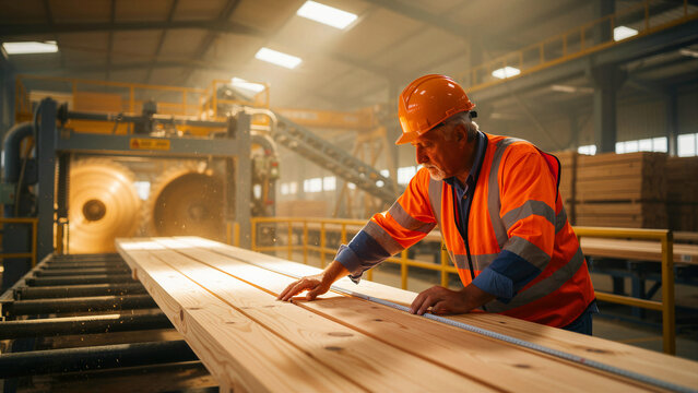 Senior worker measuring wooden beam in a sawmill. Professional carpenter using tape measure on lumber in an industrial factory. Woodworking quality control and timber production concept.
