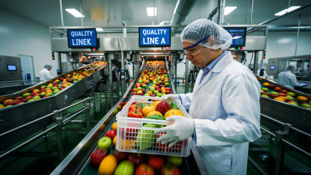 Worker in protective gear holds a produce crate in a food processing facility. Automatic conveyor belts sort fresh fruit in a high-tech environment. Ideal for food safety and logistics marketing.