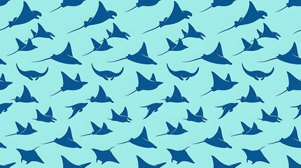 Blue stingray silhouettes swimming in a seamless ocean pattern