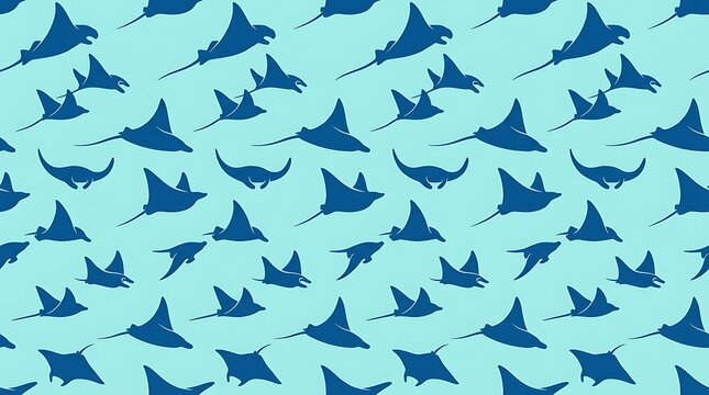 Blue stingray silhouettes swimming in a seamless ocean pattern