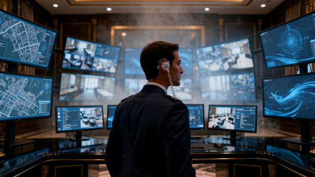 Security officer monitoring screens in a command center. Operator with headset views surveillance data. Intelligence monitoring concept for safety marketing.