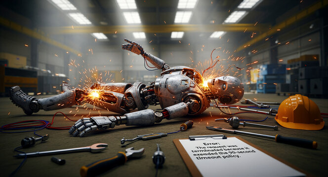 Broken humanoid robot emitting sparks on a factory floor. Tools and an error report clipboard surround the damaged android. Robotic failure concept for AI troubleshooting and industrial repair.