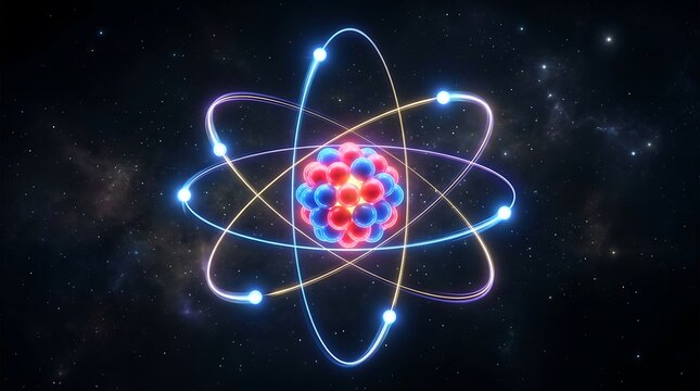 Glowing atomic model with nucleus and electrons in cosmic space