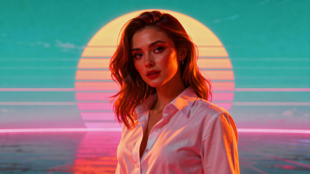 Young woman posing against a retro-futuristic synthwave background. Portrait featuring neon lights and digital sun. Artistic 80s nostalgia concept, ideal for music art and trendy marketing.